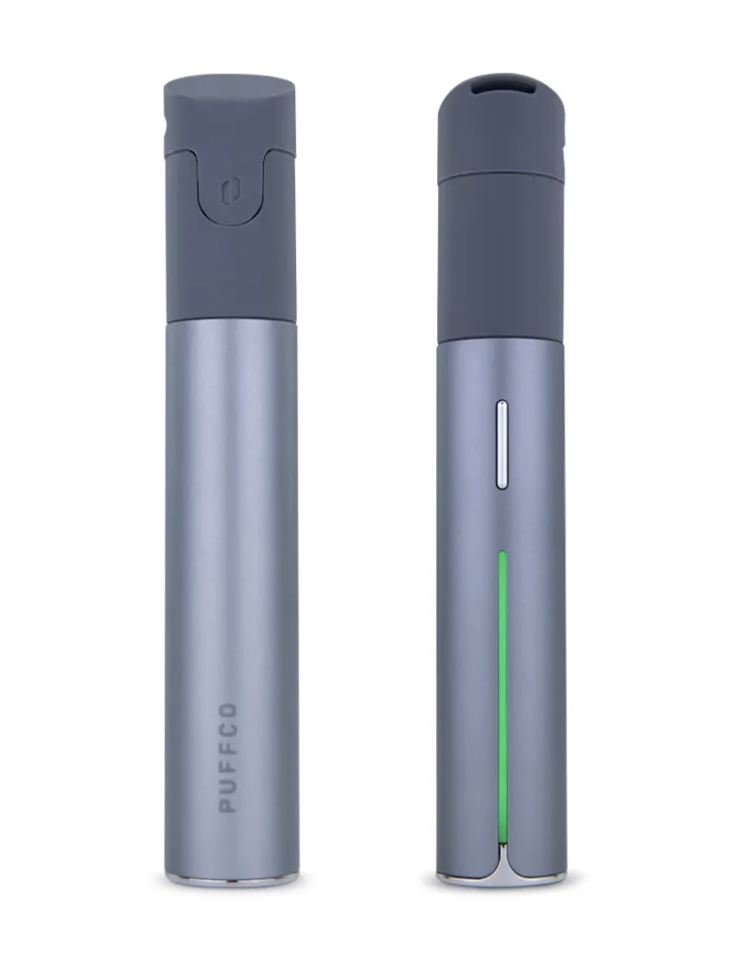 Gray Cylindrical Vape Pen with a Dark Detachable Cap Shown in Two Positions Closed and with a Green Indicator Bar Visible - Australia E-cigarette Store