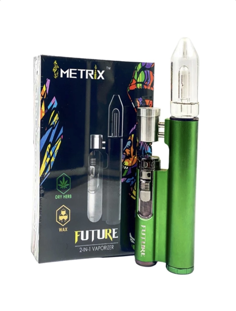 Green 2-in-1 Vaporizer with Clear Glass Mouthpiece Next to Its Black Box Labeled Metrix Future Dry Herbwax Icons on Packaging - Australia E-cigarette Store