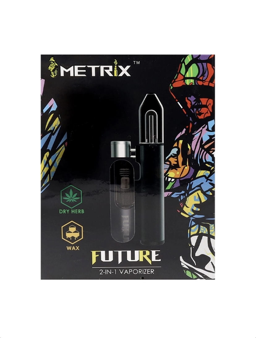 Metrix Future 2-in-1 Vaporizer Box Featuring a Black Device and Colorful Side Art with Logos for Dry Herb and Wax informational Product Image - Australia E-cigarette Store