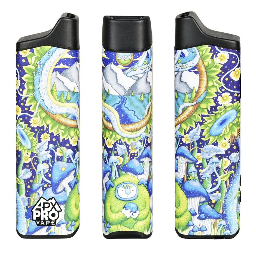 Three Vape Pens with Bright Psychedelic Mushroom and Nature Artwork on a White Background front Center and Side Views - Australia E-cigarette Store
