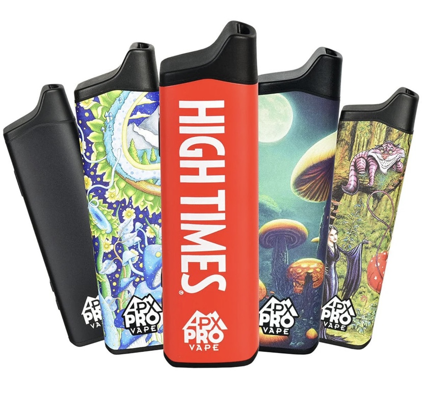 Five Vape Devices with Colorful Artwork and Bold Branding Center Device is Red with high Times in White Letters and Adv Pro Vape Logos Visible at the Bottom Edges - Australia E-cigarette Store