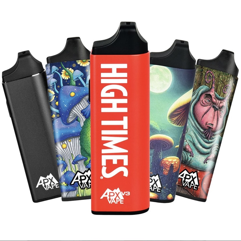 Five Vape Pens with Colorful Illustrated Skins and a Red Central Device Reading high Times with Apv Vape Branding on the Bottom - Australia E-cigarette Store