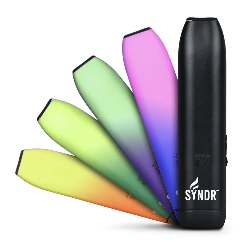 Rainbow-colored Disposable Pod with a Black Synr Device and Multiple Pod Tips Fanned Out Showing Color Options - Australia E-cigarette Store