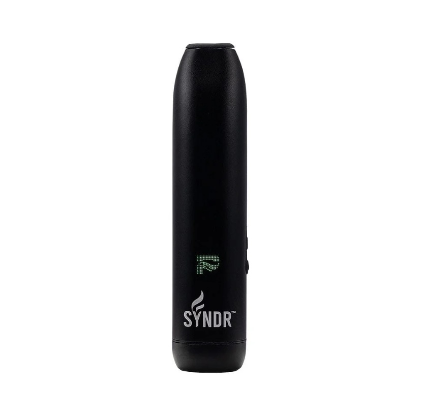 Black Syndr Vape Pen Standing Upright with a Small Green Led Display and Logo Visible on the Body - Australia E-cigarette Store