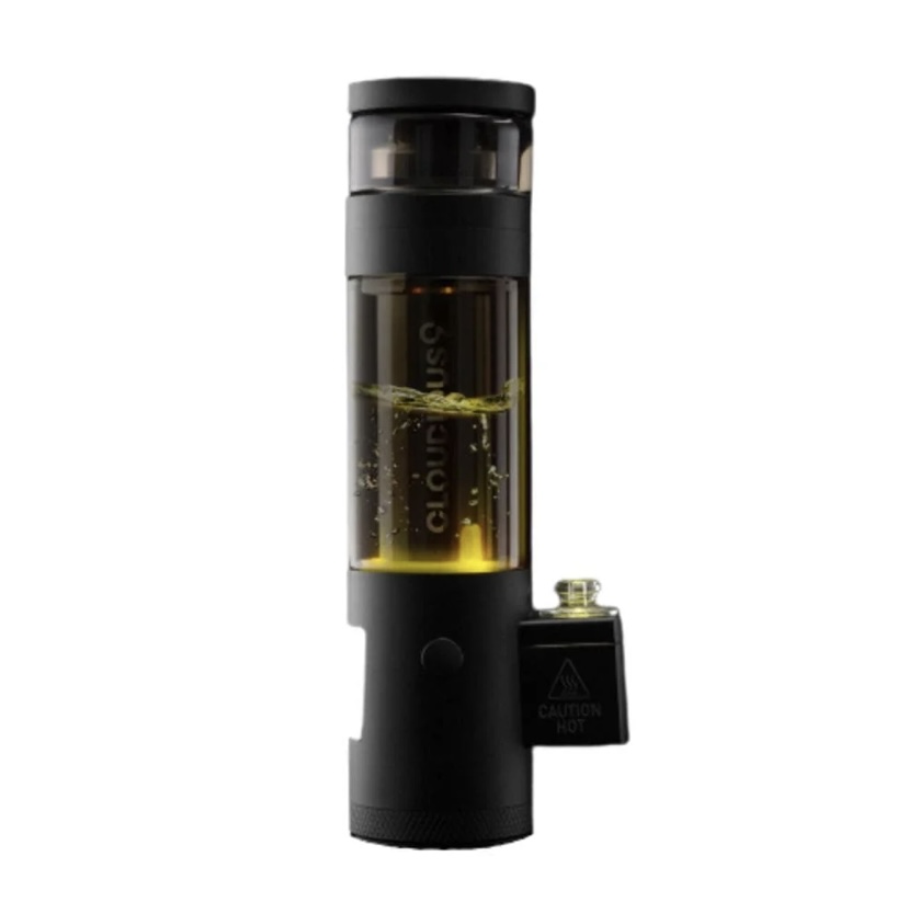 Black vape cartridge with amber oil inside a clear tank and a side hot-caution switch, shown against a white background