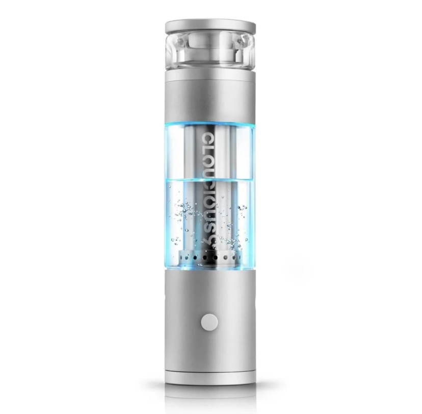 Portable water purifier bottle with a transparent chamber, blue-lit inner section, and a bottom button.