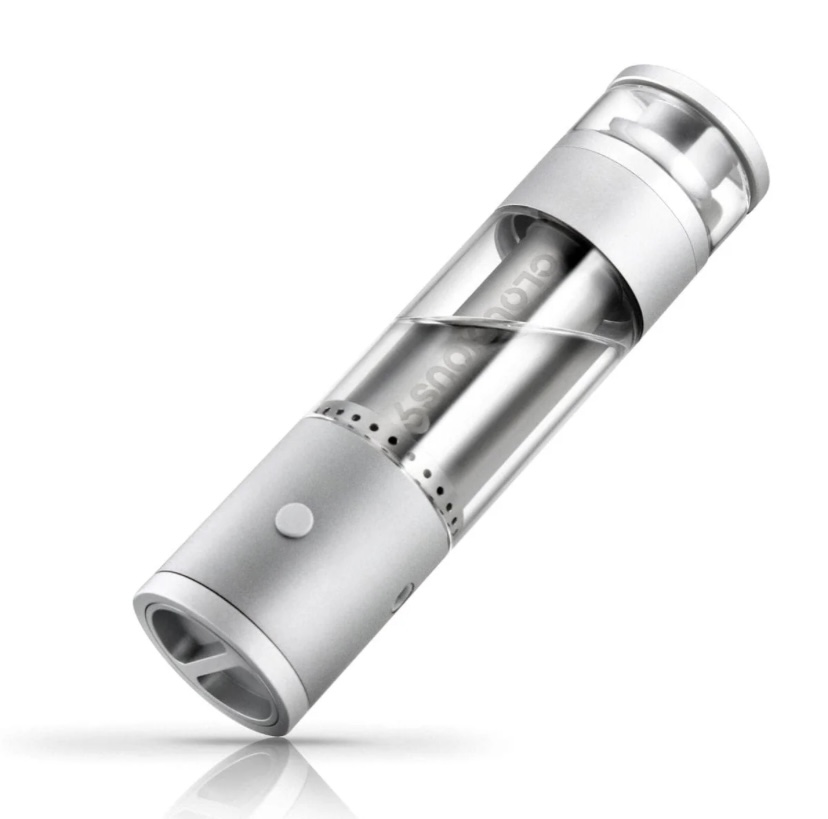Silver vape tank with glass reservoir and adjustable airflow, angled diagonally on a white background.