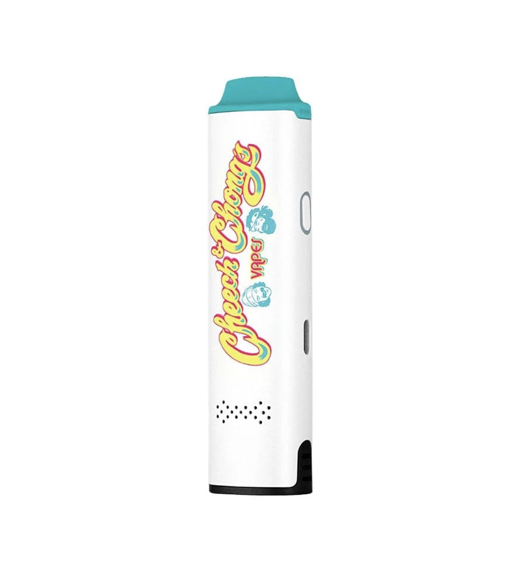 White Vape Pen with a Teal Mouthpiece Side Logo and Small Vent Holes on the Lower Front Edge side View - Australia E-cigarette Store