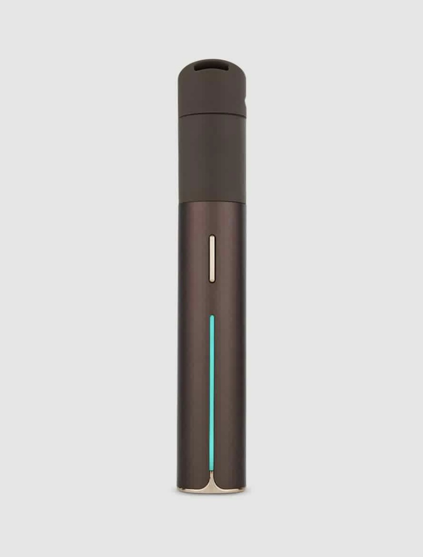 Brown Cylindrical Vape Pen with a Teal Glowing Indicator Strip and Gold-trimmed Base Against a Light Background - Australia E-cigarette Store
