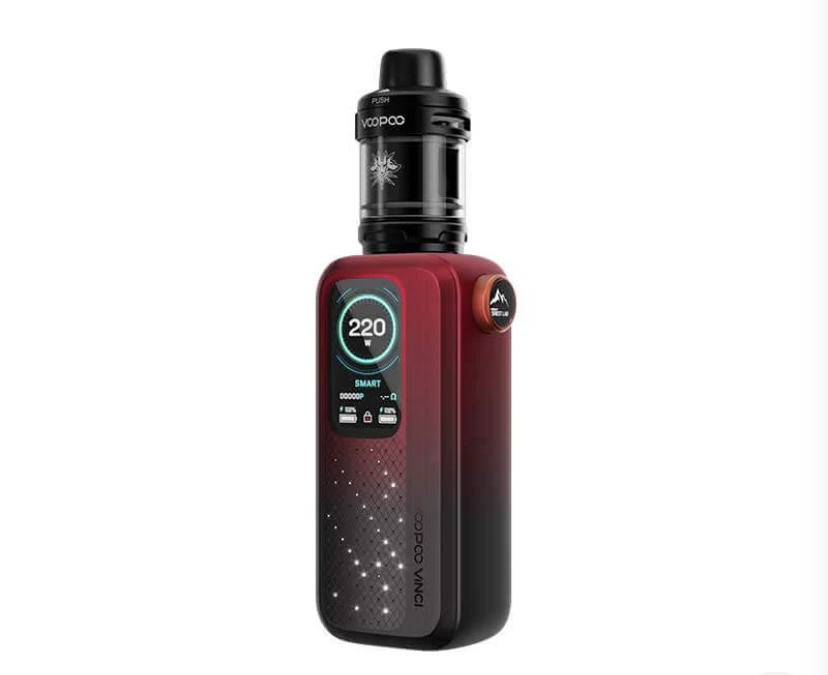 Voopoo Vinci Vape Mod in Red-to-black Gradient with a Black Tank on Top and a Digital Display Showing 220w at the Front with a Dotted Pattern on the Body - Australia E-cigarette Store
