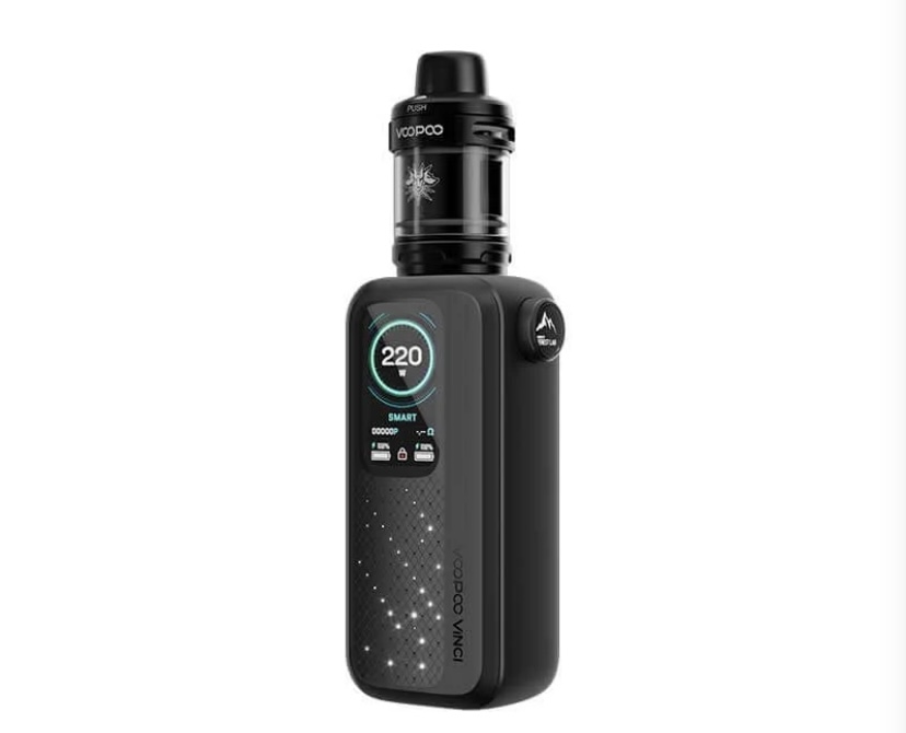 Black Box-mod Vape with a Detachable Black Tank on Top and a Circular Led Display Showing 220 on the Front Panel Featuring a Starburst Graphic and Dotted Pattern on the Side Panel - Australia E-cigarette Store