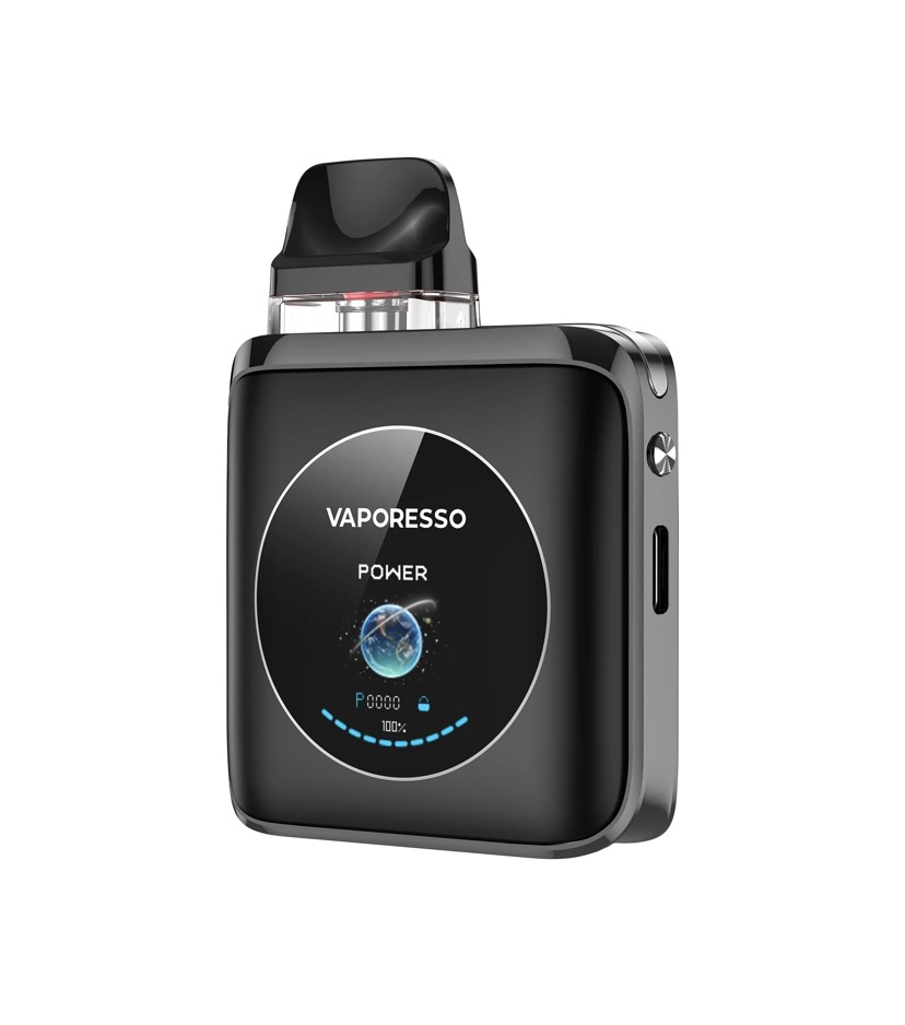 Black Vaporesso Pod-style Vape Device with a Round Circular Display on the Front Showing Power and a Globe Graphic - Australia E-cigarette Store
