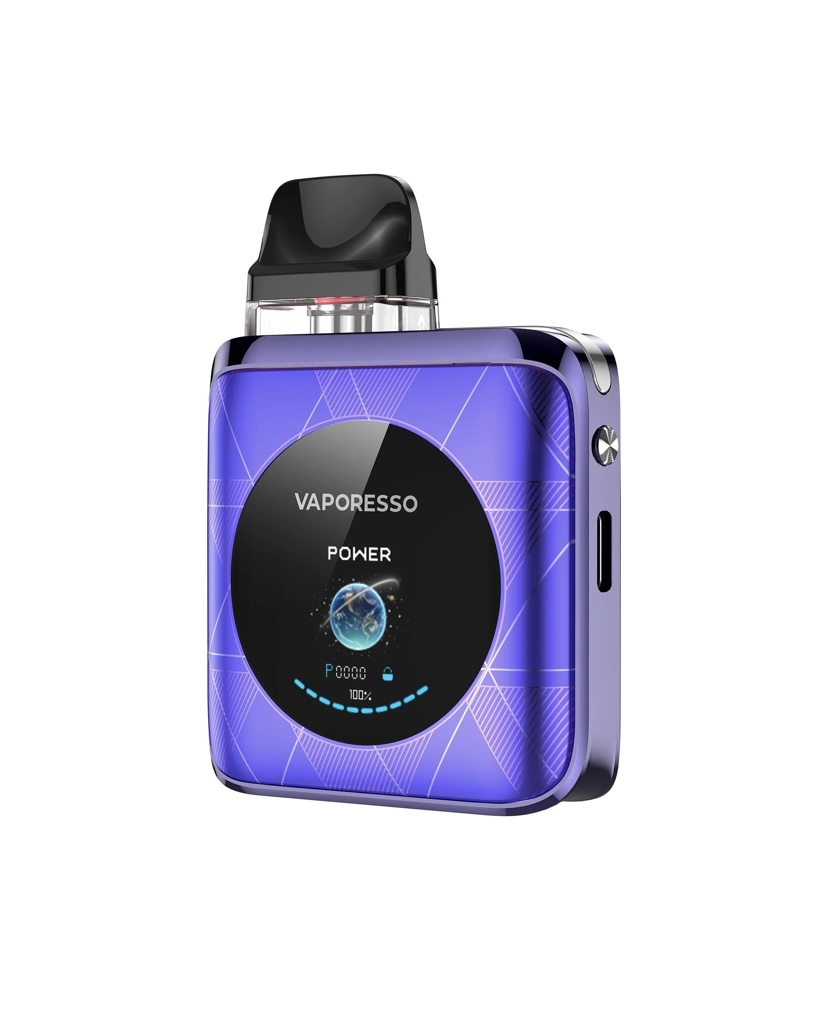 Purple Vaporesso Pod Vape with a Square Glossy Body and a Circular Black Display Reading power over a Space Graphic - Australia E-cigarette Store