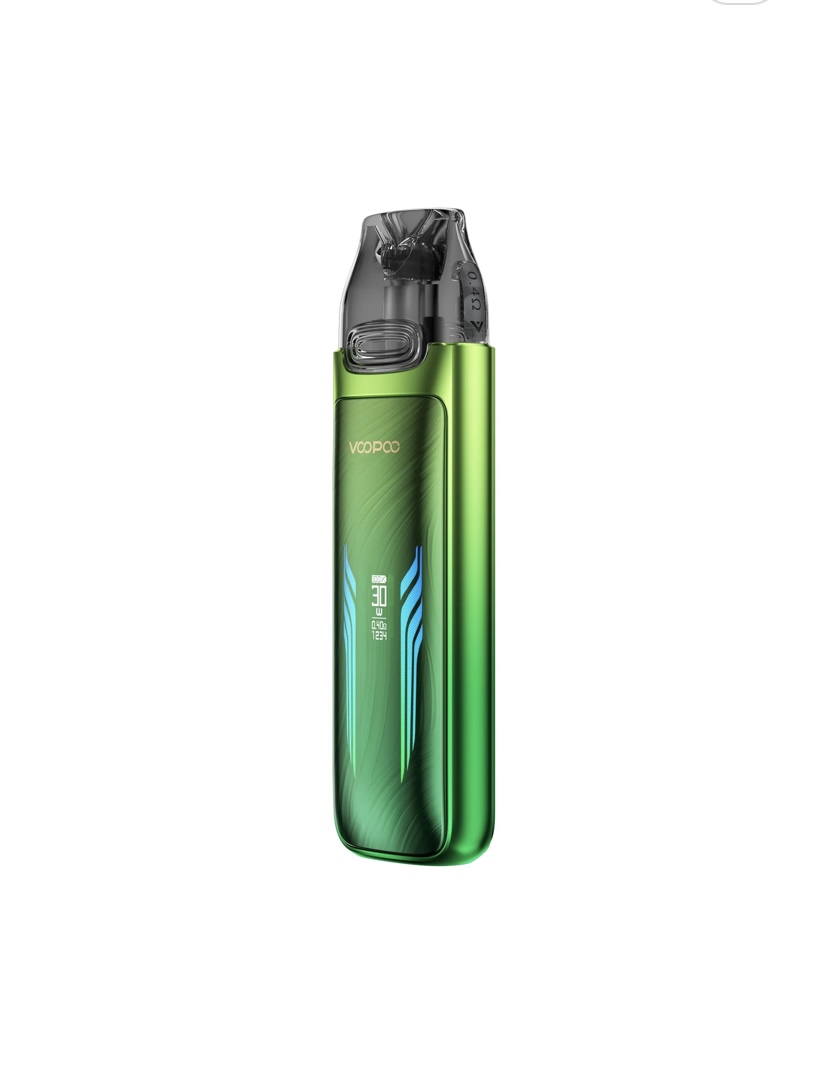 Green Voopoo Pod Vape with a Transparent Pulled-back Mouthpiece and Slim Curved Body Standing Upright - Australia E-cigarette Store