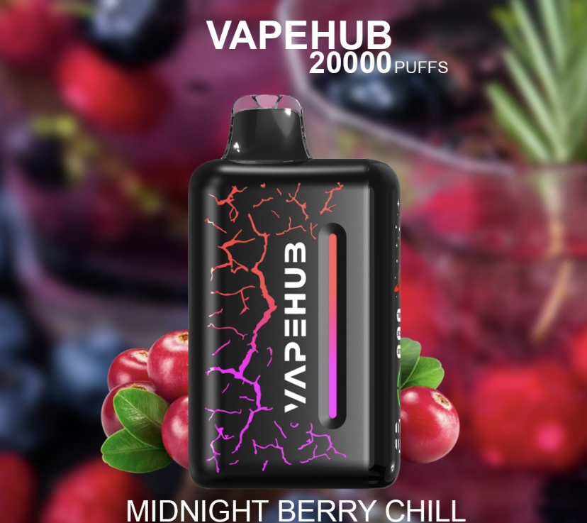 VAPEHUB 20000 PUFFS vape device with black body and pink-purple crackle design, flavor Midnight Berry Chill, berries in background (informative product image).