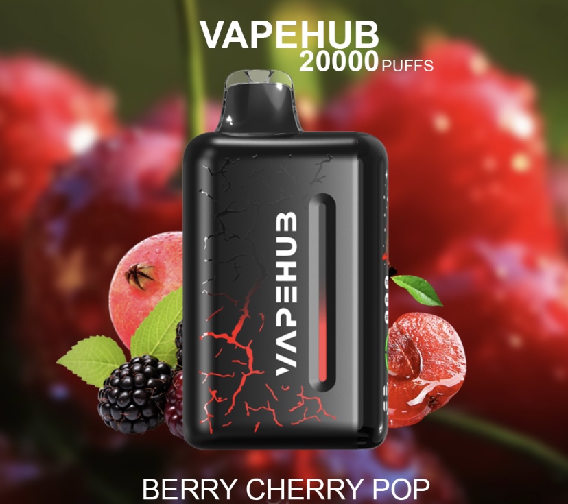 Vape device labeled VAPEHUB 20000 PUFFS, black with red crack pattern, shown with berry background and Berry Cherry Pop flavor text.