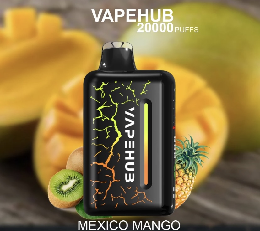 Black pod vape device with neon crackle design, labeled VAPE HUB 20000 PUFFS, flavor Mexico Mango, set against mango, pineapple and kiwi fruits in the background.