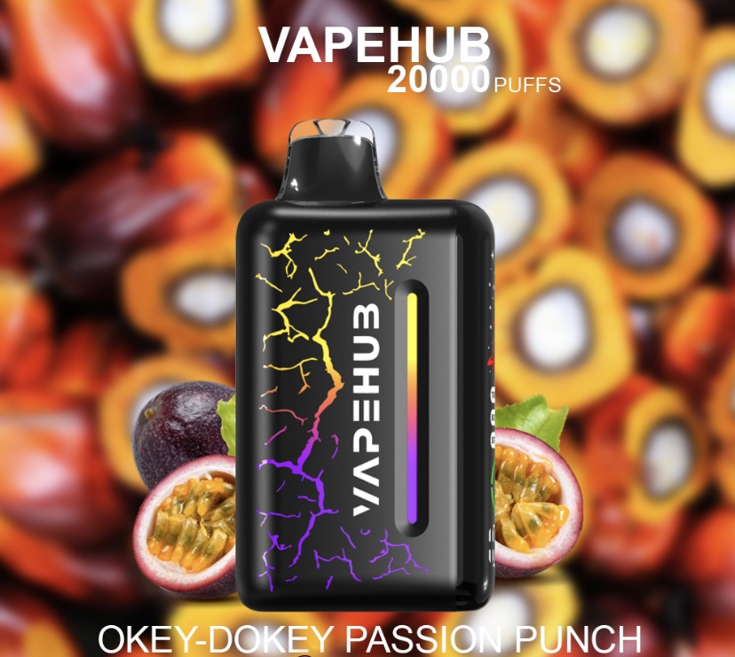 Black vape mod with neon crackle design, centered among passion fruits; flavor OKEY-DOKEY Passion Punch, 20000 puffs.