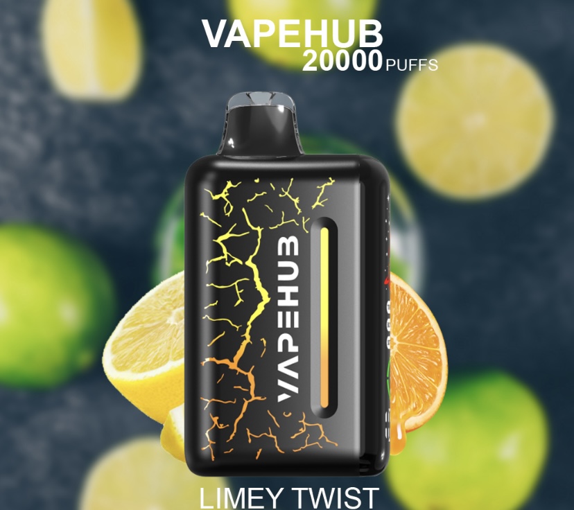 Black vape mod with yellow‑orange crackle design and a vertical juice gauge, set against lemon slices; reads VapeHub Limey Twist (20000 puffs).