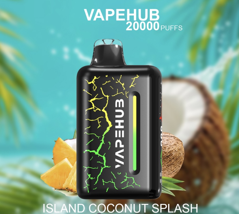 Promo image for Island Coconut Splash vape: black device with lime-green crackle pattern on a tropical beach backdrop (pineapple/coconut).
