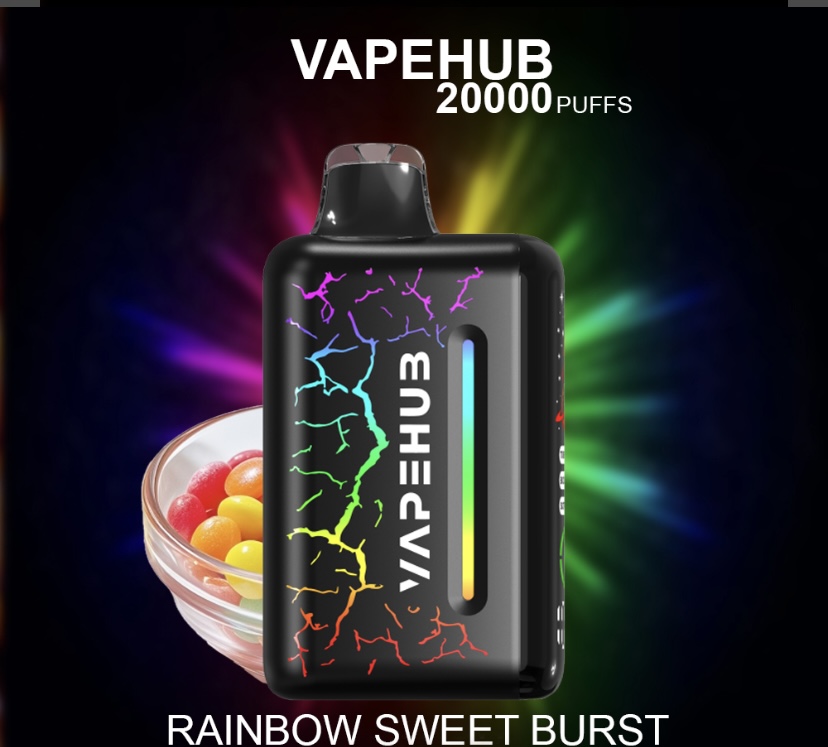 Black Vape Pod with a Rainbow Crackle Pattern and Neon Glow Side Rainbow Gauge and vapehub 20000 Puffs Text - Australia E-cigarette Store