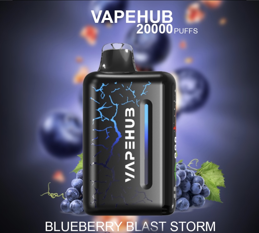 Black vape mod with blue crackle design, labeled VAPE HUB, surrounded by blueberries; flavor: Blueberry Blast Storm
