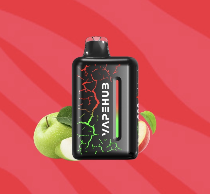 Black Vape Device with Red-green Crackle Artwork and a Vertical Juice Window Set Against Green Apples on a Bright Red Striped Background - Australia E-cigarette Store