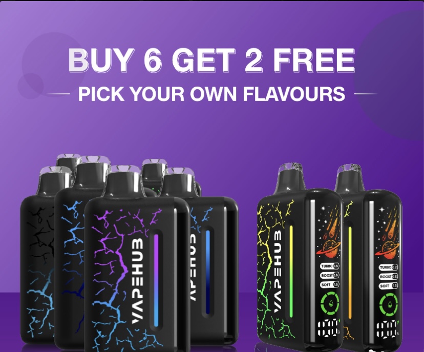 Promo image showing a purple gradient background with the text 'BUY 6 GET 2 FREE' and 'PICK YOUR OWN FLAVOURS' above a row of black vape devices with colorful crackle designs.