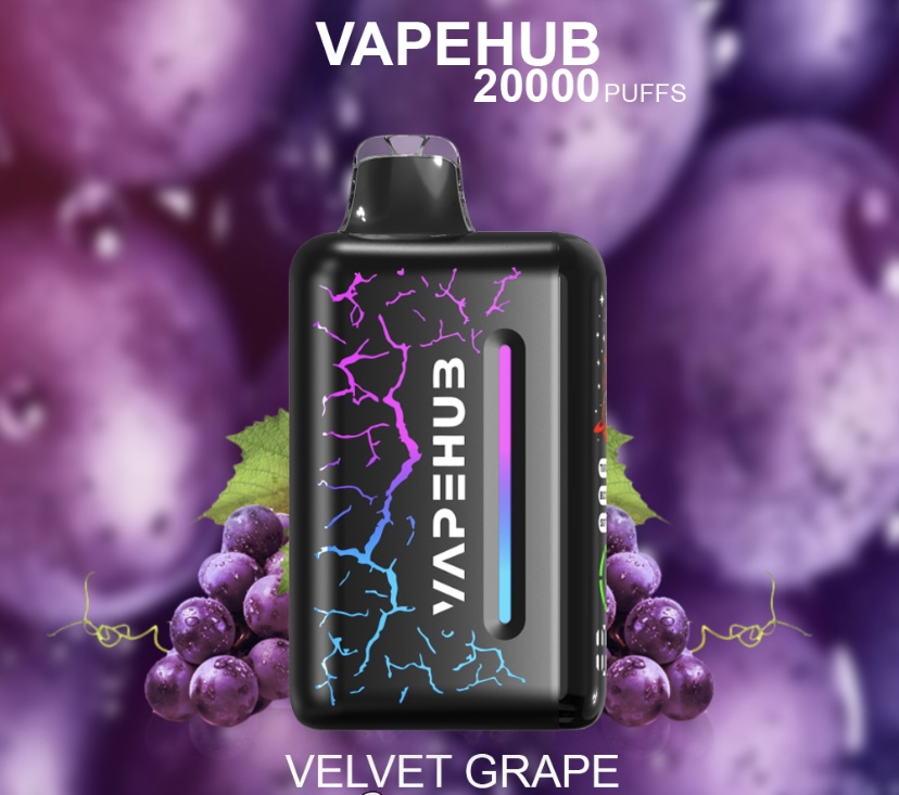Vapehub Velvet Grape Disposable Vape with 20000 Puffs Shown Against a Purple Grape Background - Australia E-cigarette Store
