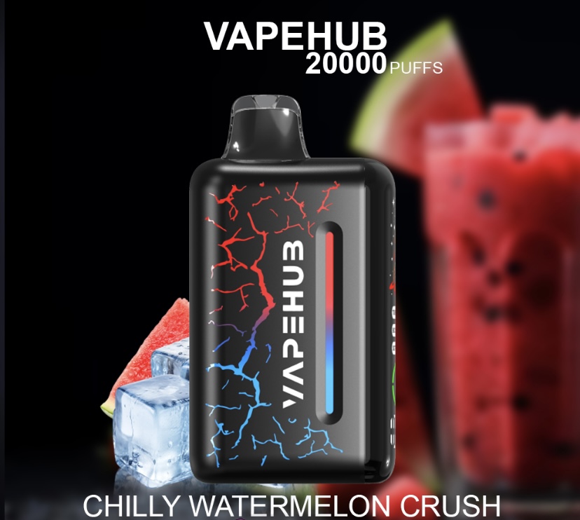 VapeHub pod mod front and center with cracked red/blue design, flavor Chilly Watermelon Crush, ice and watermelon background.