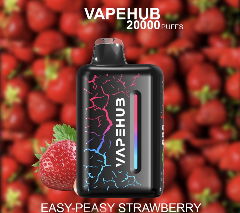 VapeHub vaping device with neon crackle art in front of a strawberry-filled background; flavor: Easy-Peasy Strawberry, 20,000 puffs label visible.