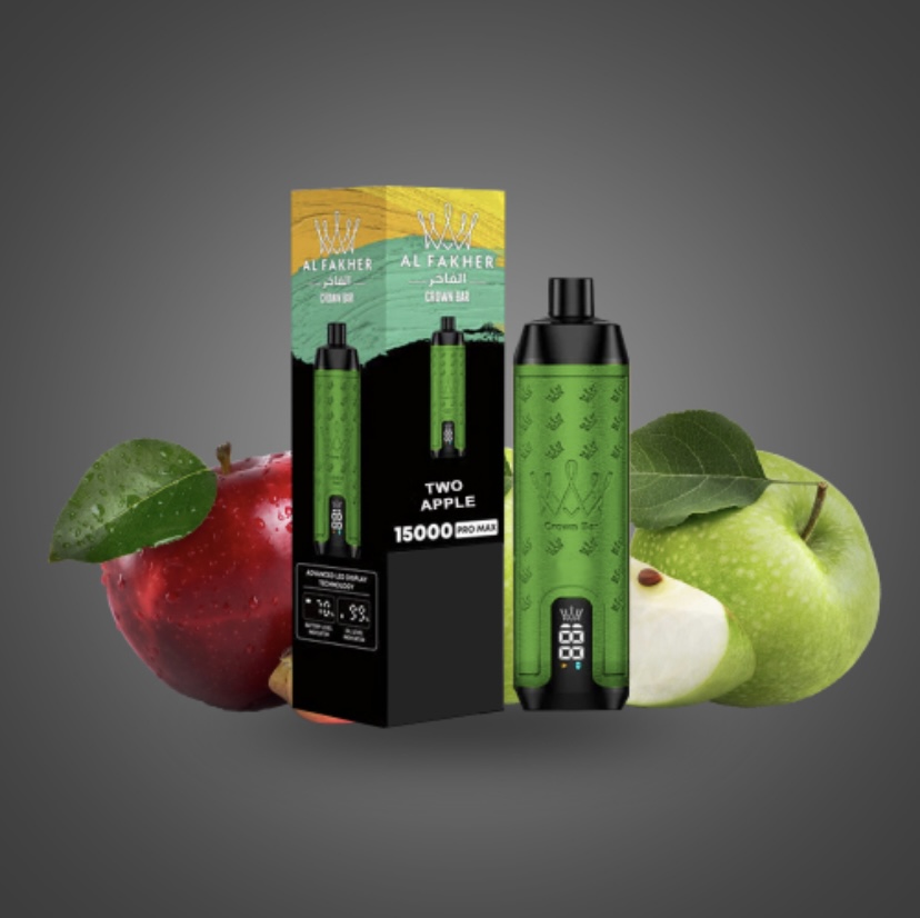 Al Fakher Two Apple Vape Device and Box Surrounded by Red and Green Apples Against a Gray Background - Australia E-cigarette Store