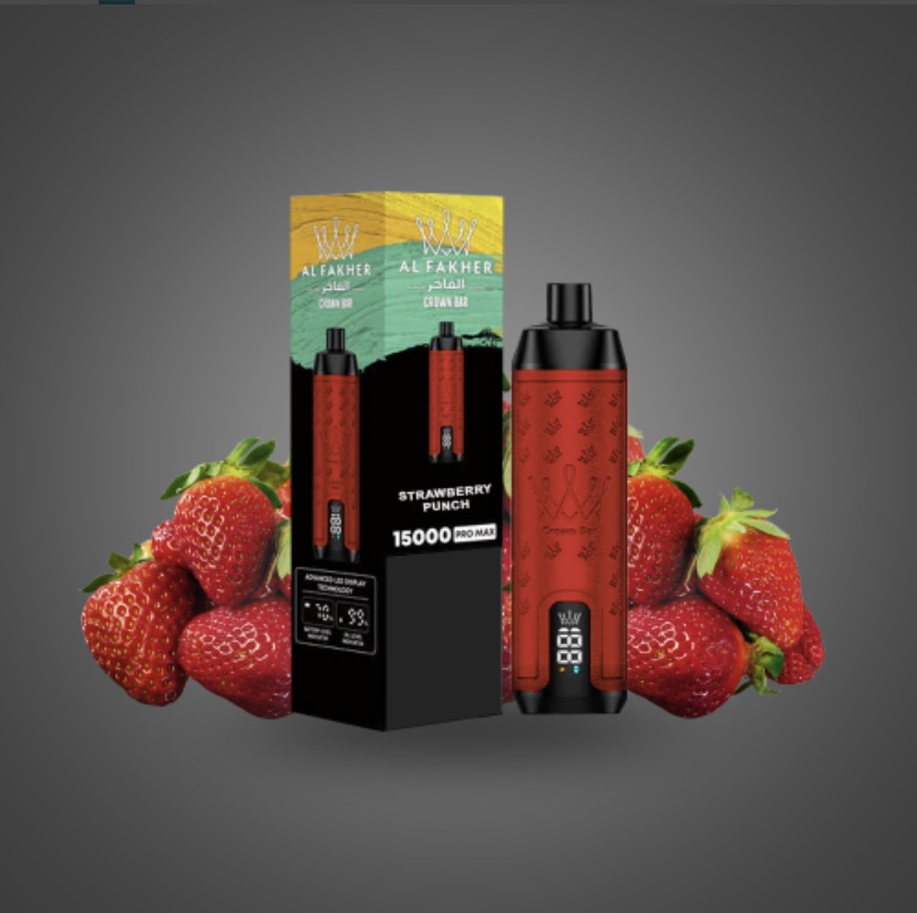 Red Al Fakher Strawberry Punch Vape Device with Its Box Flanked by Fresh Strawberries on a Gray Gradient Background - Australia E-cigarette Store