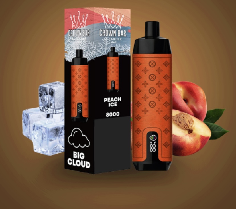 Orange Vape Device and Box with Peach Motif Ice Cubes and Peaches in the Background Labeled Crown Bar Peach Ice 8000 and Big Cloud Scene informational Ad Image - Australia E-cigarette Store