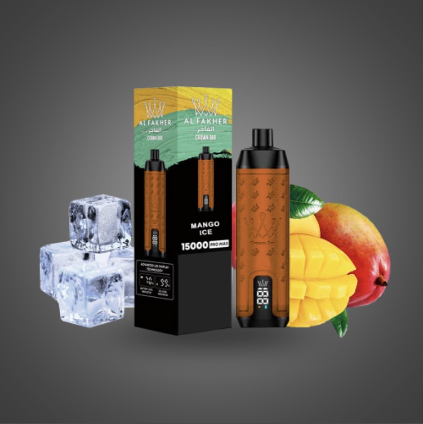 Vape Device with Mango Ice Flavor Alongside Packaging Fresh Mango Slices and Ice Cubes on a Gray Background informational Image - Australia E-cigarette Store