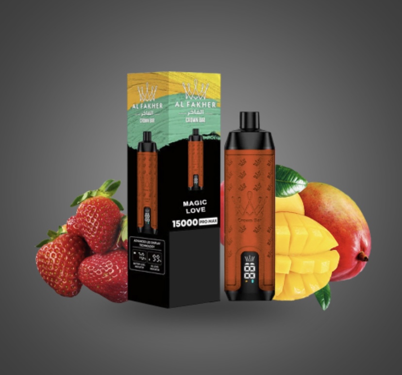 Orange Vaping Device Beside Its Al Fakher Packaging on a Gray Background with Strawberries and Mango Slices Nearby - Australia E-cigarette Store