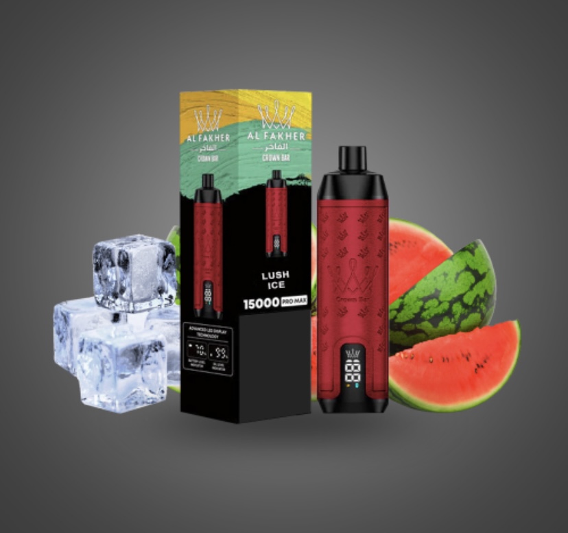 Al Fakher Lush Ice Vape Device and Packaging with Red Black Body Surrounded by Ice Cubes and Watermelon Slices on a Gray Gradient Background informative Product Image - Australia E-cigarette Store