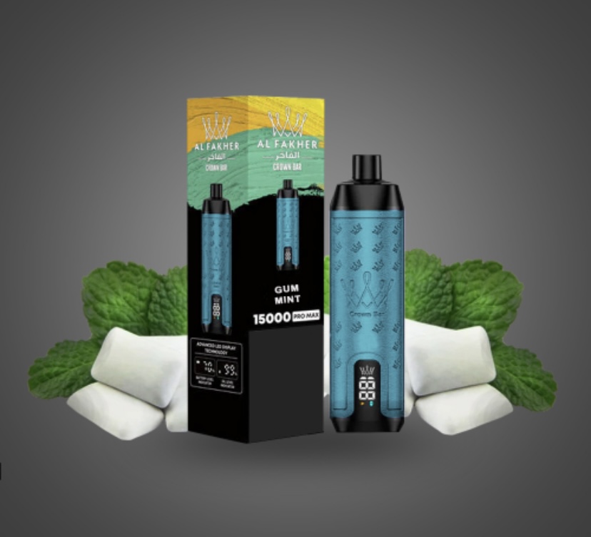 Vape Pen and Box Labeled al Fakher Gum Mint with Blue Device Surrounded by Mint Leaves and White Gum Mints advertising Image - Australia E-cigarette Store
