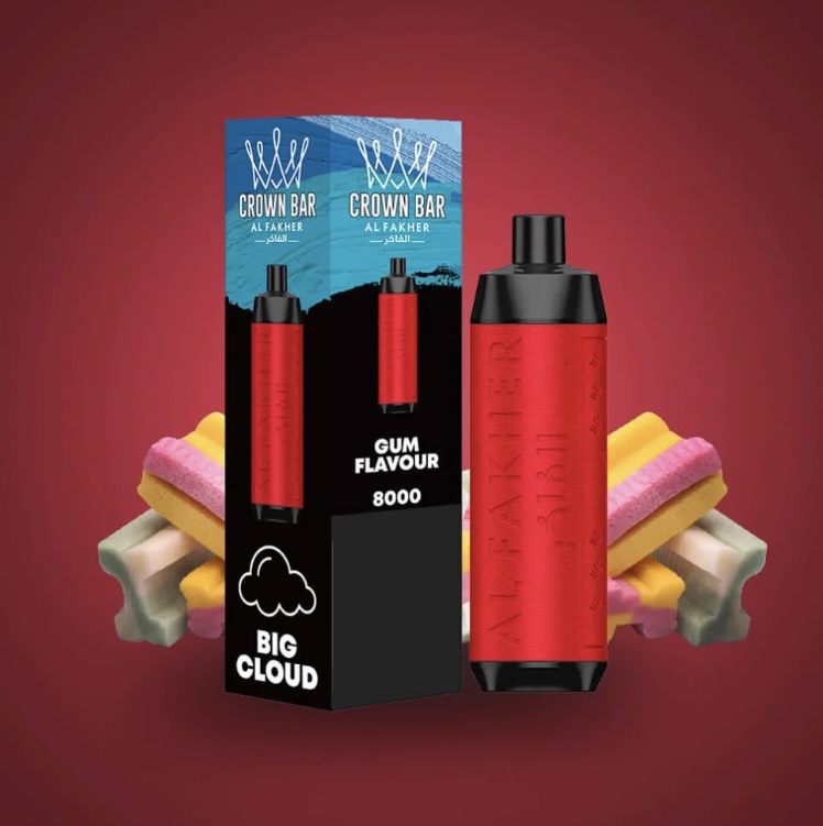 Vape Device and Blue-black Crown Bar Packaging Labeled Gum Flavour 8000 with Colorful Background Shapes - Australia E-cigarette Store