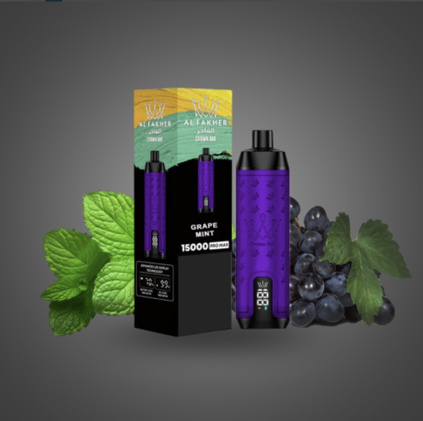 Purple Vape Pen with Grape Mint Flavor Next to Its Packaging Surrounded by Mint Leaves and Grapes - Australia E-cigarette Store