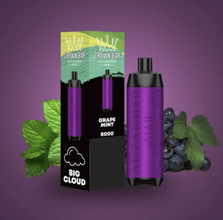 Purple Crown Bar Vape with Grape Mint 8000 Box Mint Leaves and Grapes in the Background - Australia E-cigarette Store