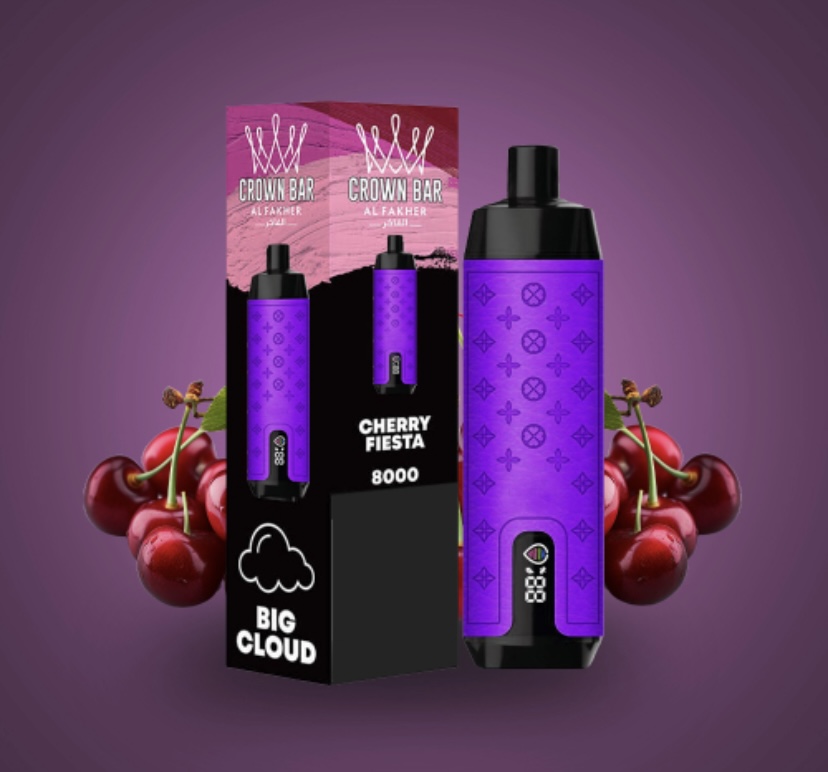 Purple Vape Device with Cherry Graphics and Boxed Packaging Reading Cherry Fiesta 8000 Set Against a Purple Backdrop - Australia E-cigarette Store