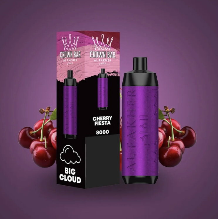 Purple Crown Bar Vape Device with Its Matching Box Labeled Cherry Fiesta 8000 Set Against a Purple Background and Cherries on the Sides - Australia E-cigarette Store
