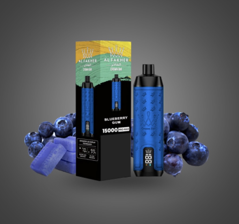 Vape Starter Kit with a Bright Blue Cylindrical Device and a Black Box Labeled Blueberry Gum Surrounded by Blueberries and Ice Cubes - Australia E-cigarette Store