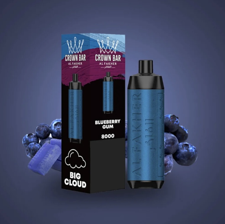 Vape Device with Blue Cartridge Beside a Black-and-blue Crown Bar Box Labeled Blueberry Gum 8000 with a Blueberry Background - Australia E-cigarette Store