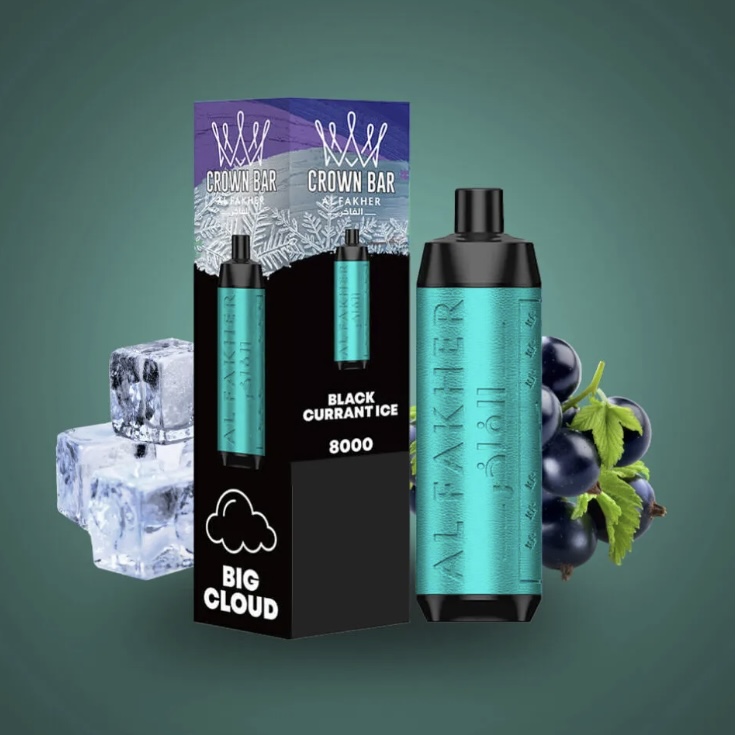 Turquoise Disposable Vape Device Beside a Black Box Labeled Crown Bar Black Currant Ice with Ice Cubes and Grapes in the Background - Australia E-cigarette Store