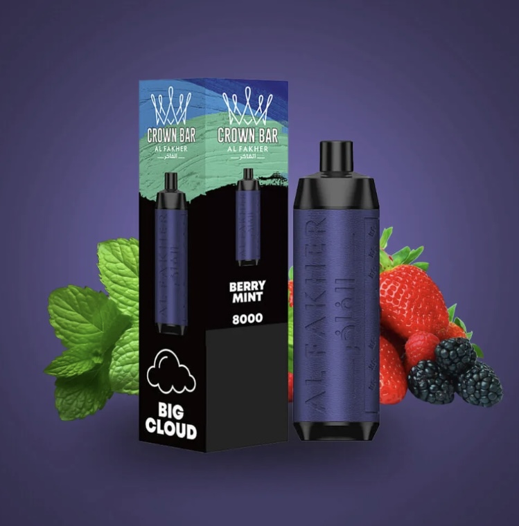 Vape Cartridge and Box Labeled Berry Mint 8000 by Crown Bar Surrounded by Mint Leaves and Berries on a Purple Backdrop - Australia E-cigarette Store