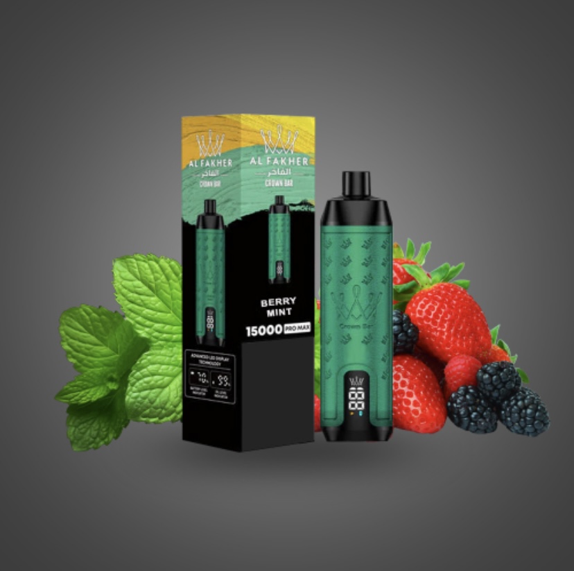 Al Fakher Berry Mint 15000 Pro Max Vape Kit with Green Cartridge and Black Box Surrounded by Mint Leaves and Berries - Australia E-cigarette Store