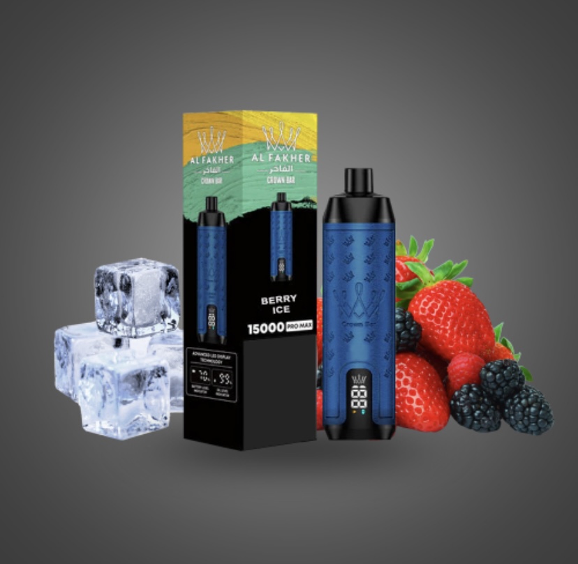 Vape Device with Its Blue-box Packaging Surrounded by Ice Cubes and Fresh Berries berry Ice Flavor Coach the Scene As a Product Display - Australia E-cigarette Store