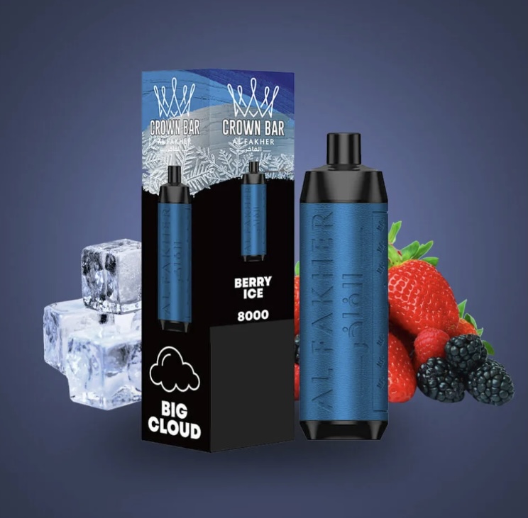 Blue Crown Bar Berry Ice 8000 Disposable Vape with Textured Blue Body Beside a Black Box and Fresh Berries strawberries Blackberries and Ice Cubes - Australia E-cigarette Store